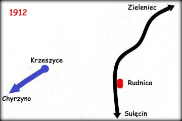 Rok 1912.- 1915. Linia z Krzeszyc, oddzielnym dworcem - peronem dołączyła już do Rudnicy, dominującą koleją był tu odcinek Zieleniec - Sulęcin.