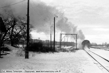 Płonica - Bolemin 11.03.1987. oddalający się pociąg z Gorzowa w stronę Rudnicy.