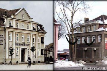 Plac Dworcowy w Zbąszynku. Po lewej widok do 1945 roku Międzyrzeckiej Kasy Oszczędności. Po prawej już 06.02.2010 rok. 