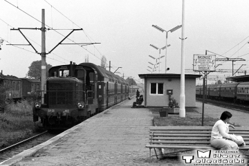Budynek rewidentów przy peronie pierwszym, rozebrany w dniu 11.09.2019 roku. Zdjęcie z 22.08.1987. Widoczny skład piętrowy, zabierany na myjnię wagonów przez lokomotywę SP-30, po przyjeździe z Gorzowa Wlkp.