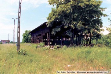 Tak zwany "drewniak" w końcowej części torów. W oddali po lewej widoczne suwnice na placu przeładunkowym. Zdjęcie z dnia 15.06.2002