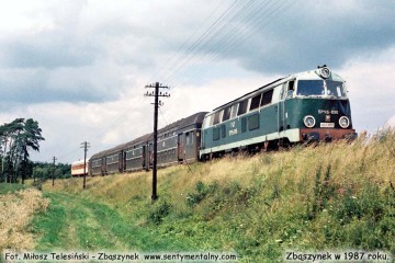 SP45-095 z osobowym z Międzyrzeczaa, zbliża się do Zbąszynka. Wagon an końcu, to inspekcyjny, podczas objazdu dyrektora. Lato 1987