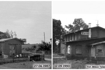 Górne (Olecko - Gołdap) 27.06.87 i 12.09.1990. Po lewej wyraźnie widoczny stary napis. Po prawej już zamalowany.