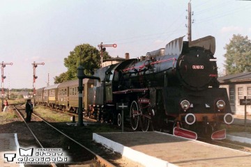 Ol49-70 z pociągiem specjalnym Gniezno - Żnin, na stacji Janowiec Wlkp. w dniu 09.09.1988.