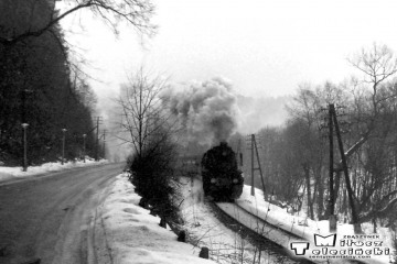 Muszyna w lutym 1986. Pociąg jedzie w kierunku Nowego Sącza wzdłuż ul. Wypoczynkowej, zaraz opuści Muszynę.