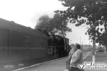 Ol49-4 z Ełku do Gołdapi wjeżdża na stację w Stożnych 12.09.1990.