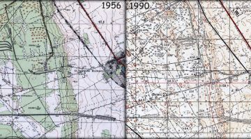 Porównanie map z lat 1956 i 1990, które przedstawiają teren po dawnych bunkrach w Rogozińcu. Widoczne miejsce po torze łączącym stację kolejową Chociszewo - Rogoziniec, z kompleksem strategicznym. Tor prowadził do miejsca zakończonego kozłem oporowym, w którym obracano parowóz i dalej pchano wagony na poszczególne tory.