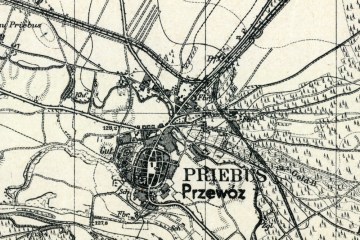 1946. Niemiecka mapa używana po wojnie. Tor do Potoku już funkcjonuje. odchodząca linia do Sanic, zaznaczona jako wąskotorówka "mała kolejka".