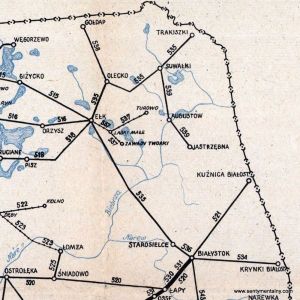 Mapka z Sieciowego Rozkładu Jazdy Pociągów z roku 1951/52. Ruch pociągów z Suwałk odbywał się do stacji Jastrzębna.