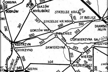 Mapka z rozkładu 1951/52. Most na Odrze pomiędzy stacjami Gorzów Wlkp. a Gorzów Zamoście nie czynny. Podobnie Skwierzyna - Skwierzyna Gaj.