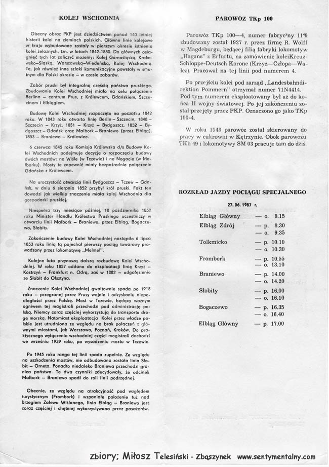Folder okolicznościowy z przejazdu specjalnego, w dniu 27.06.1987 roku.