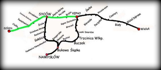 Mapka ogólna. Na zielono zaznaczona linia Kępno – Oleśnica