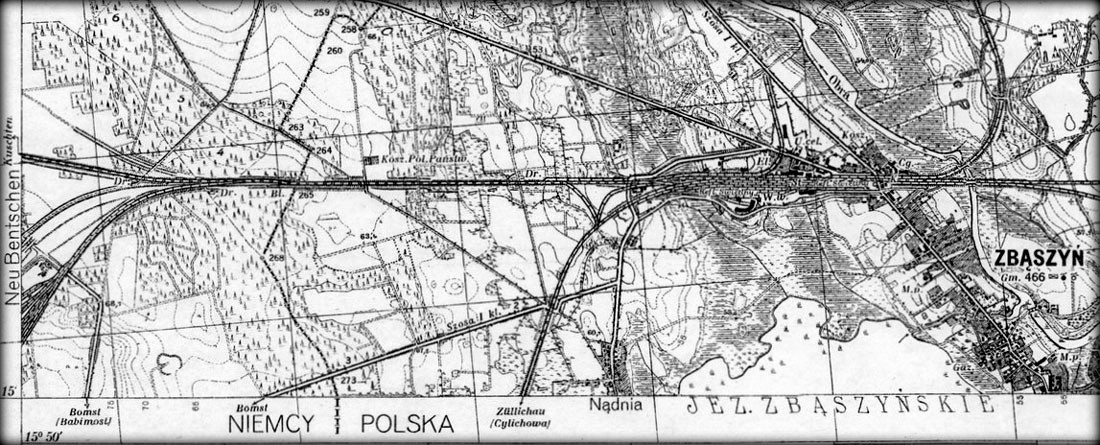 Mapka z 1929 roku, gdy Zbąszynek był jeszcze w budowie, a ruch do Frankfurtu/O i Guben miał jeszcze pierwotną postać. Połączenie ze Zbąszynia do Międzyrzecza odbywało się poprzez stację Kosieczyn. Zbąszyń komunikację kolejową z Międzyrzeczem utracił w 1920 roku, a od 1930 Międzyrzecz łączy się ze Zbąszynkiem.
