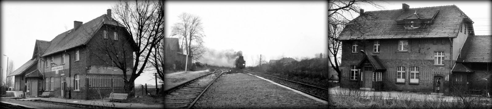 Laski Smardze 23.02.1990. W oddali pociąg z Namysłowa.
