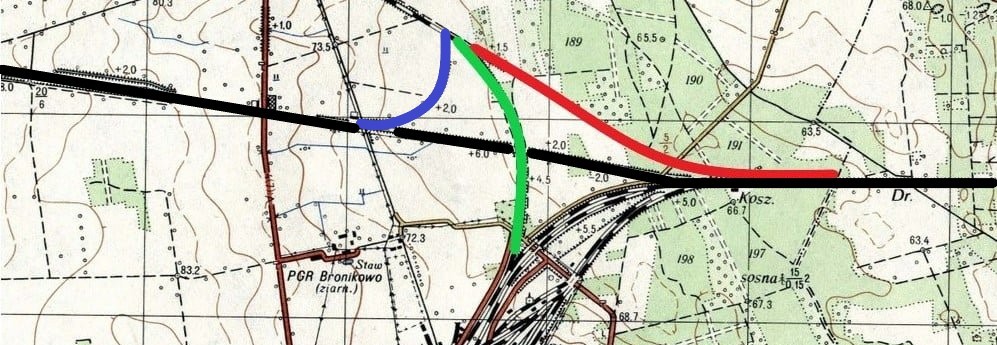 Mapka z 1956 roku. Wyraźnie widoczne miejsce po rozebranym połączeniu do Międzyrzecza od strony Zbąszynia, które zlikwidowano w 1920 roku (czerwone), zastąpione przez dojazd do Zbąszynka wybudowany w 1930 roku, który miał długość 3200 metrów. Rozwiązania komunikacji z Międzyrzeczem. 1885 – 1920 – kolor czerwony. 1923 – 1930 – kolor niebieski. 1930 do dziś – kolor zielony.