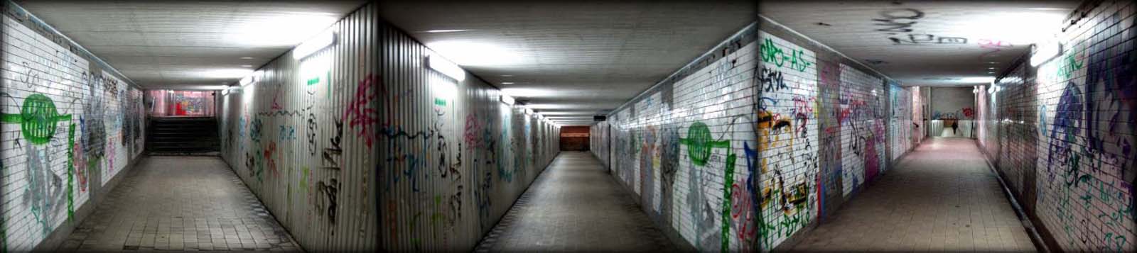Tunel łączący hol i wejście na perony górne oraz perony nadwarciańskie. Widoczna długa część zalicza się do połączenia technicznego, gospodarczego, awaryjnego. Właściwe dostępne dla podróżnych przejścia znajdują się na początku i końcu tego korytarza. Gdy za czasów niemieckich istniało połączenie peronów nadwarciańskich i kostrzyńskich kładką nadziemną, ten korytarz nie służył bezpośrednio podróżnym. Dopiero po 1945 w P.R.L. u przejścia przybrały aktualną postać. 10.09.2010.