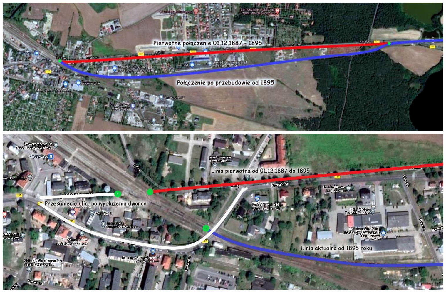 W latach 1987 - 1895 tor z Wierzbna, łączył się ze stacją Międzyrzecz od strony wschodniej, na wysokości południowej częsci torów stacyjnych. W 1895 roku, rozbudowa dworca wymagała "wejścia" linią kolejową od południowego wschodu, co wymagało obniżenia szlaku, żeby dłuższym, delikatniejszym łukiem "wpiąć" się w torowisko dworca w Międzyrzeczu. Poniżej przybliżone połączenie obu wersji linii z Wierzbna do Międzyrzecza, oraz związana z tym przebudowa ulic, niezbędna przy wydłużeniu torowiska stacii, przygotowywanego do planowaego włączenia linii z Toporowa, którą oddano w dniu 01.08.1909. 
