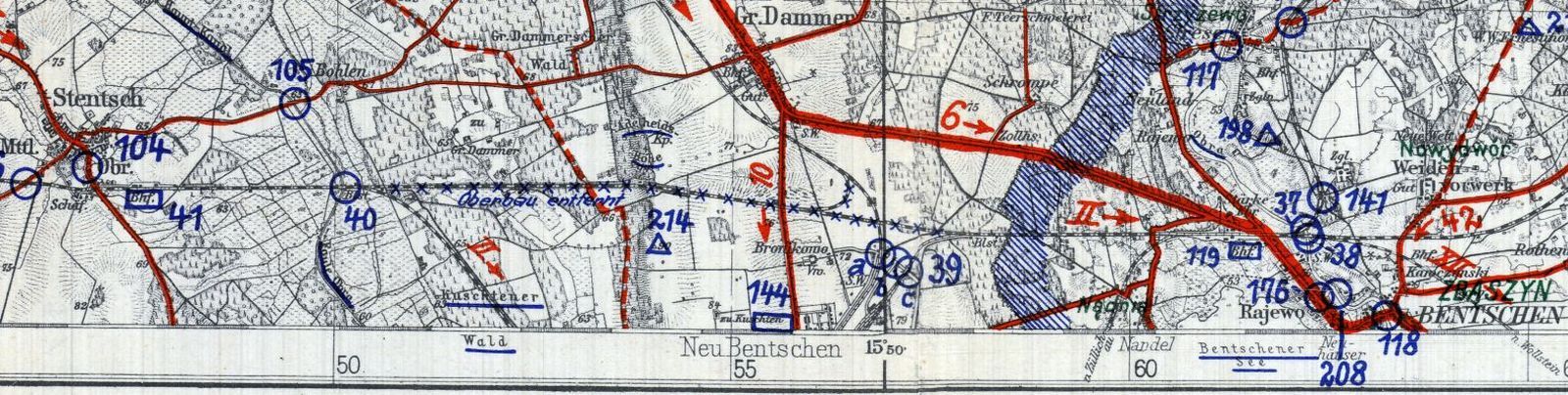 Sytuacja z 1933 roku. Zaznaczone niebieskimi "krzyżykami" odcinki torów, które w 1930 roku straciły swoją rolę i wstrzymano na nich ruch pociągów już do końca . W miejsce tego uruchomiono nowe połączenie utworzone w 1930 roku, w chwili oddania dworca osobowego w Zbąszynku 14.07.1930 r.