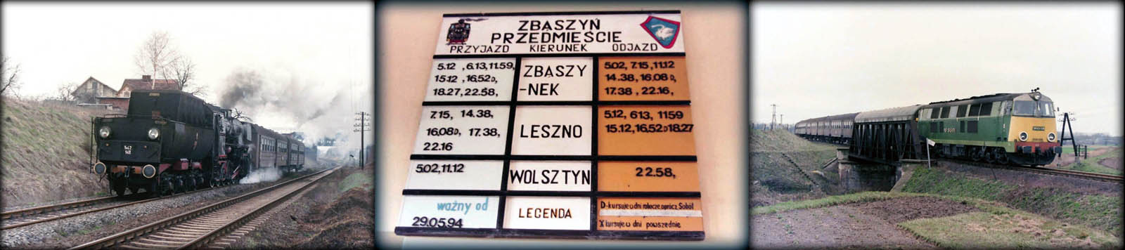 Od lewej: Adamowo 07.03.1990 , Ty42-148. Rozkład jazdy w poczekalni Zbąszyń Przedmieście w dniu 05.07.1994. SP45-175 z Wolsztyna do Poznania w dniu 07.03.1990.
