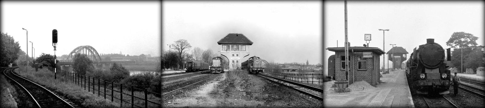 Po lewej wiadukt w kierunku Zbąszynka w dniu 22.09.1987. W środku widok peronów nadwarciańskich od strony zachodniej, dworca towarowego w 1991 roku. Po prawej Ty2 z osobowym do Rudnicy (Kostrzyna/O).