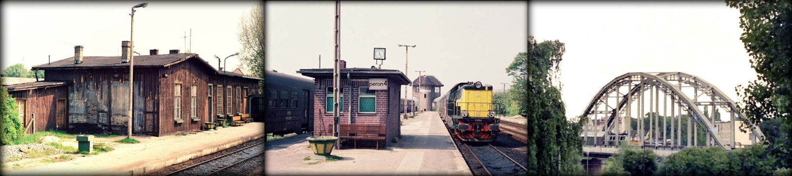 Po lewej peron pierwszy i budynek nie istniejący od momentu zawalenia podczas rozbiórki w dniu 08.12.1994 roku. W środku pociąg do Zbąszynka w 1991 roku, dalej po prawej Wiadukt i jadący pociąg osobowy ze Zbąszynka w czerwcu 1988 roku.