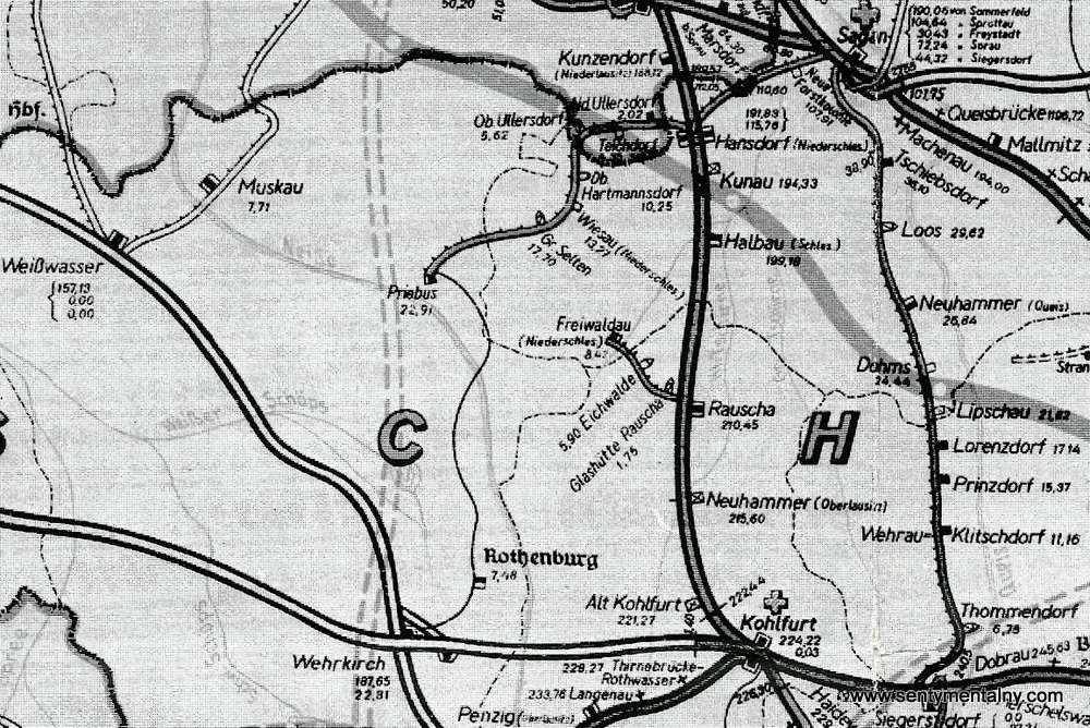 Rok 1938 . Linia do Potoku nie ujęta. Odgałęzienie do Horka - Rottenburg, ujęte jako kolej innego zarządu.