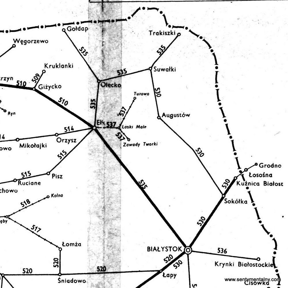 Mapka z Sieciowego Rozkładu Jazdy Pociągów z roku 1965/66. Ruch pociągów z Suwałk do stacji Sokółka bezpośredni, tor oddany do użytku.
