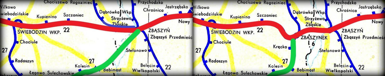  Rozwiązanie połączeń kolejowych Poznań – Guben / Frankfurt/O. Przed i po wybudowaniu Zbąszynka. Mapka po lewej ukazuje pierwotne funkcjonowanie połączeń, w latach 1870 – 1930, bezpośrednie przed powstaniem Zbąszynka. Po prawej stronie sytuacja od 1930 roku, gdzie Zbąszynek już w pełni tętni życiem.
