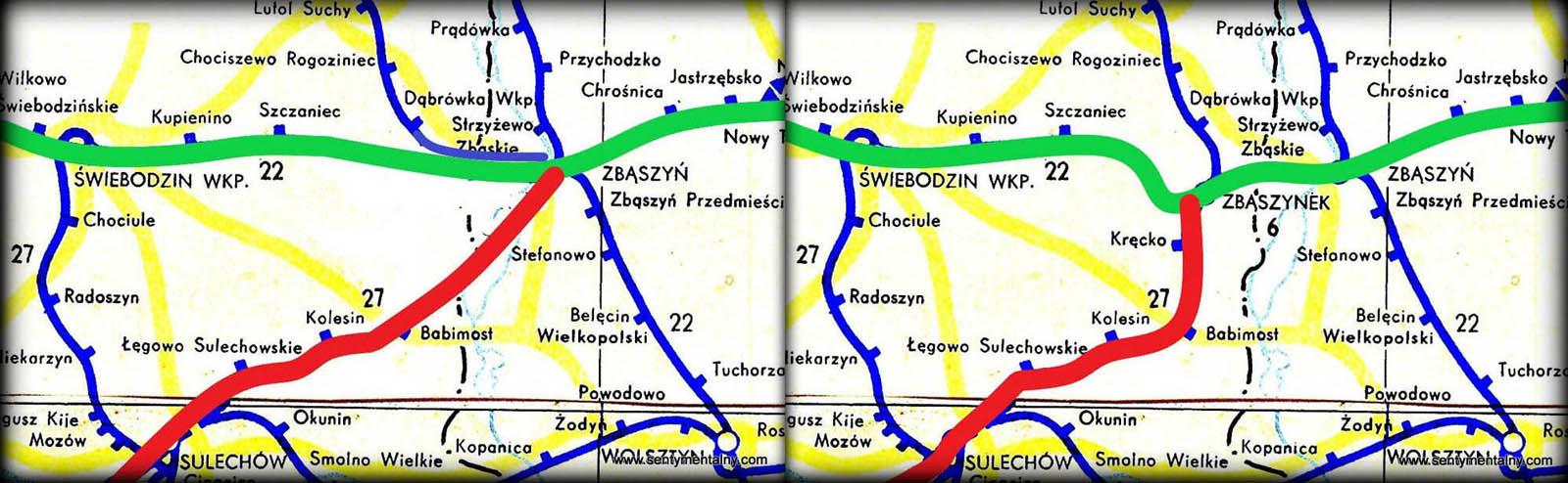  Rozwiązanie połączeń kolejowych Poznań - Guben / Frankfurt/O. Przed i po wybudowaniu Zbąszynka. Mapka po lewej ukazuje pierwotne funkcjonowanie połączeń, w latach 1870 - 1930, bezpośrednie przed powstaniem Zbąszynka. Po prawej stronie sytuacja od 1930 roku, Zbąszynek już gotowy.
