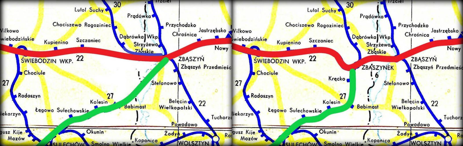 Rozwiązanie połączeń kolejowych Poznań - Guben / Frankfurt/O. Przed i po wybudowaniu Zbąszynka. Mapka po lewej ukazuje pierwotne funkcjonowanie połączeń, w latach 1870 - 1930, bezpośrednie przed powstaniem Zbąszynka. Po prawej stronie sytuacja od 1930 roku, Zbąszynek już gotowy. 