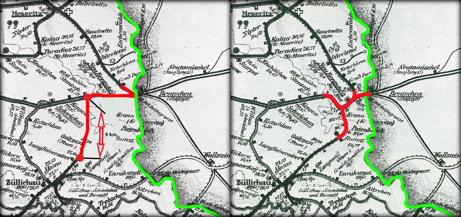 Mapka ukazuje wstępny plan zakładający przekierowanie kolei od stacji Łęgowo Sulechowskie do Szczańca, torem o długości 9 km., co by znacznie ograniczyło, koszta budowy od natychmiast potrzebnej stacji granicznej. Ponadto była by jedna stacja graniczna w Szczańcu, wyłączając w przypadku tego rozwiązania, Babimost z komunikacji kolejowej. Jednak w 1923 roku, zdecydowano się na budowę stacji granicznej Neu Bentschen, pozostawiając robocze hipotezy w zapomnieniu.