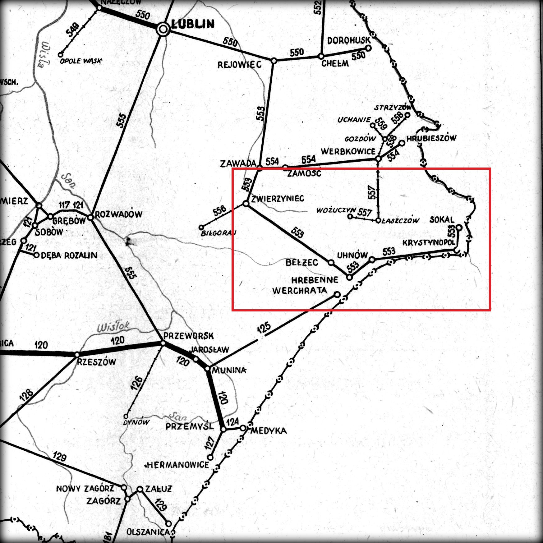 Połączenie na mapie z rozkładu jazdy, obowiązującego 1951 roku. Dojazd do Sokala czynny, jeszcze przed "korektą" granicy. Hrebenne i Werchrata jeszcze jako tymczasowe stacje końcowe. 