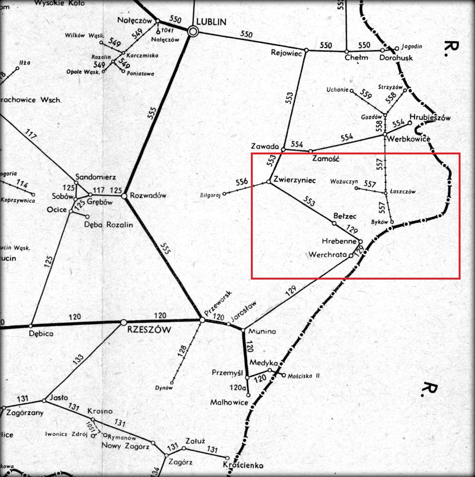 Połączenie na mapie z rozkładu jazdy, obowiązującego w 1958 roku.