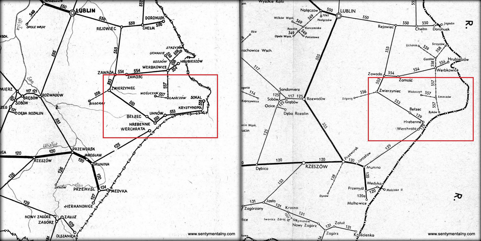 Połączenie na mapie z rozkładu jazdy, obowiązującego 1951 roku. Dojazd do Sokala czynny, jeszcze przed "korektą" granicy. Hrebenne i Werchrata jeszcze jako tymczasowe stacje końcowe. Po prawej: ołączenie na mapie z rozkładu jazdy, obowiązującego w 1958 roku. Dojazd do Sokala zamknięty, już po "korekcie" granicy. Połączenie Werchrata - Hrebenne już oddane do użytku.