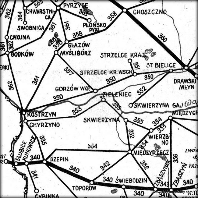 Mapka z rozkładu 1951/52. Most na Warcie pomiędzy stacjami Gorzów Wlkp. a Gorzów Zamoście nie czynny. Podobnie Skwierzyna - Skwierzyna Gaj.