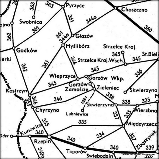 Mapka z rozkładu 1958 lato. Most na Warcie pomiędzy stacjami Gorzów Wlkp. a Gorzów Zamoście nie czynny. Widoczna zaznaczona kolejowa komunikacja Autobusowa pomiędzy Gorzowem a Lubniewicami.