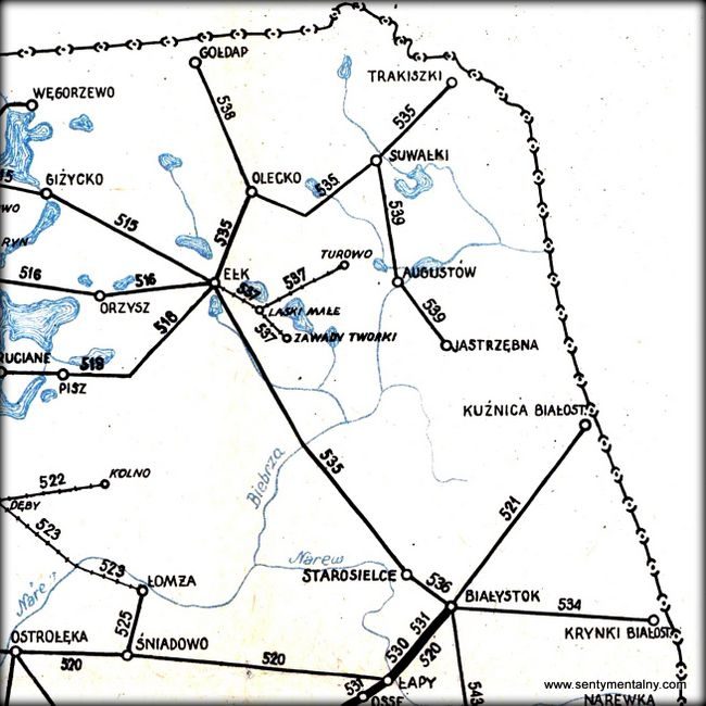 Mapka z Sieciowego Rozkładu Jazdy Pociągów z roku 1951/52. Ruch pociągów z Suwałk odbywał się do stacji Jastrzębna.