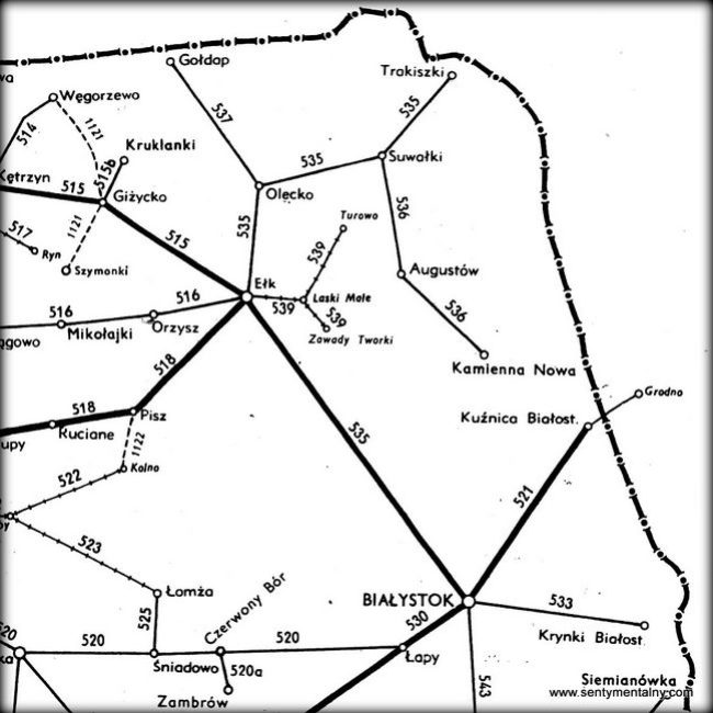 Mapka z Sieciowego Rozkładu Jazdy Pociągów z roku 1958. Ruch pociągów z Suwałk odbywał się od północy do stacji Kamienna Nowa.