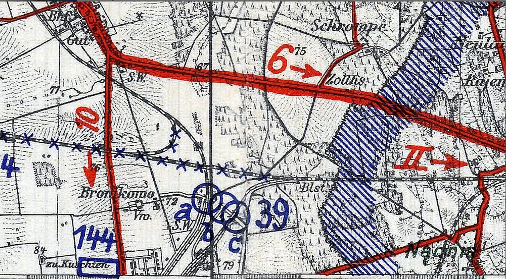 Zaznaczone niebieskimi "krzyżykami" odcinki torów, które w 1930 roku straciły swoją rolę, w miejsce połączenia utworzonego w 1930 roku, w chwili oddania dworca osobowego w Zbąszynku 14.07.1930 r.