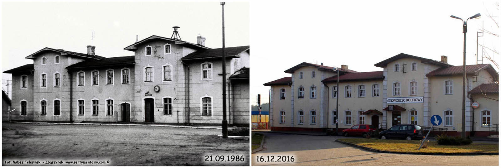Dworzec w Toporowie w latach 1986 i 2016 – porównanie po 30 latach. Stację Toporów oddano w 1882 roku. Od 1909 roku, to jest, z chwilą wybudowania połączenia do Międzyrzecza (01.08.1909) o długości 42.08 km., budynek dworcowy został rozbudowany w stronę wschodnią.
