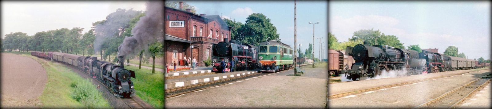 od lewej:Krotoszyn - Krobia w dniu 10.09.1988. Parowóz jako pierwszy Ty2-331 z Jarocina 32D43-177, jako drugi Parowóz jako drugi Ty45-379 ze Zbąszynka 27D47-35, Krobia, stacja końcowa tego przejazdu, Kobylin,.
