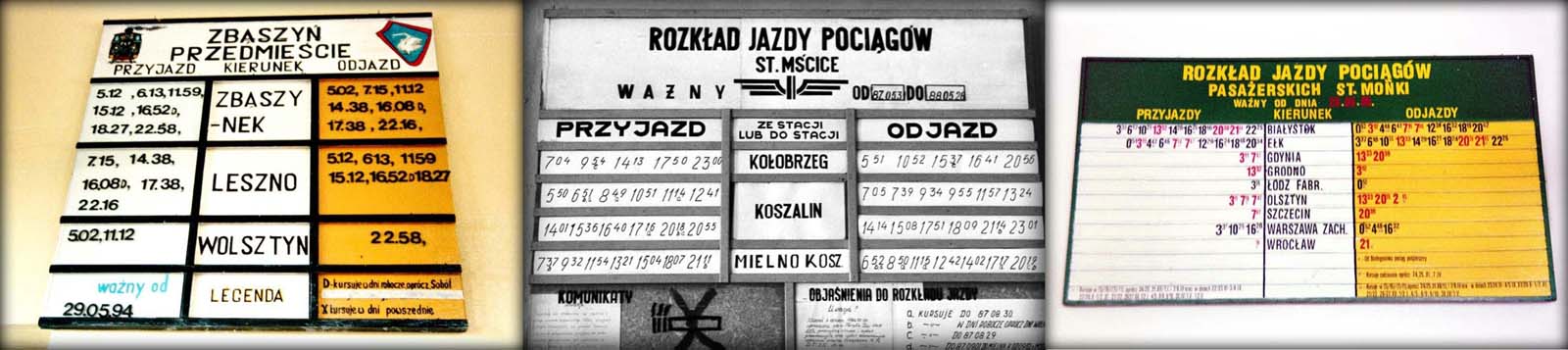 Rozkłady ścienne na stacjach Zbąszyń Przedmieście, Mścice 18.06.1987 i Mońki 11.10.1995 .