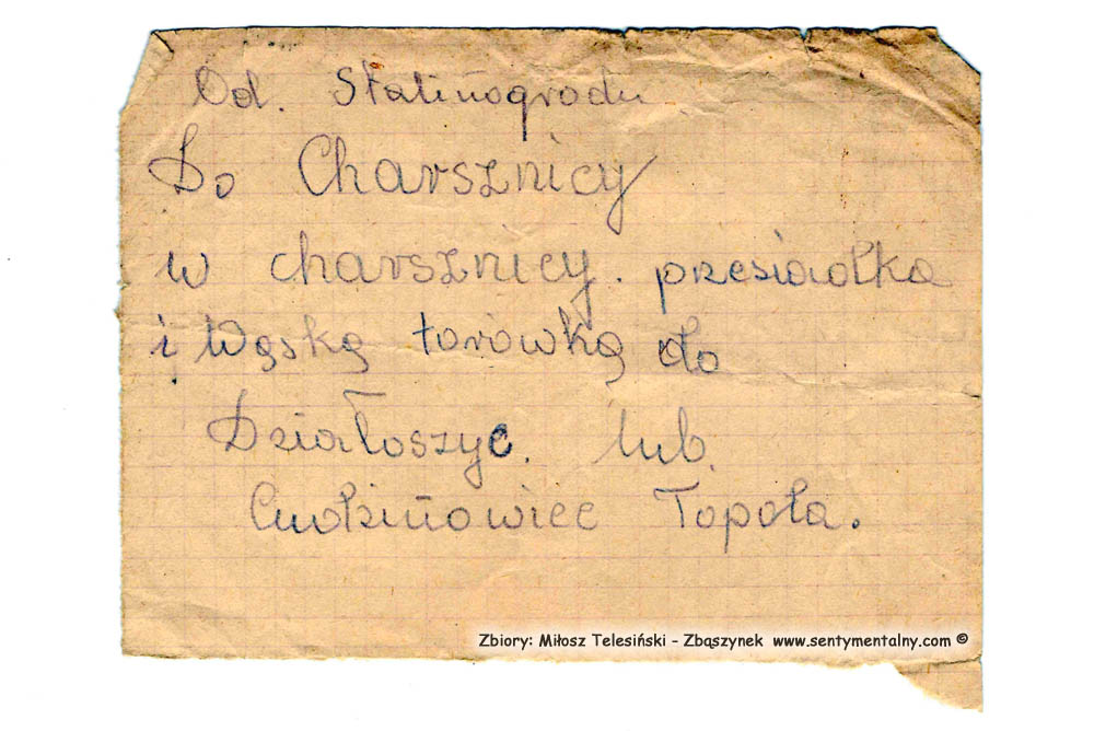 Na kolejce Charsznica Wąskotorowa - Kocmyrzów Wąskotorowy. Notatka z lat 1953-1956, informująca jak dojechać i na której stacji wysiąść. 